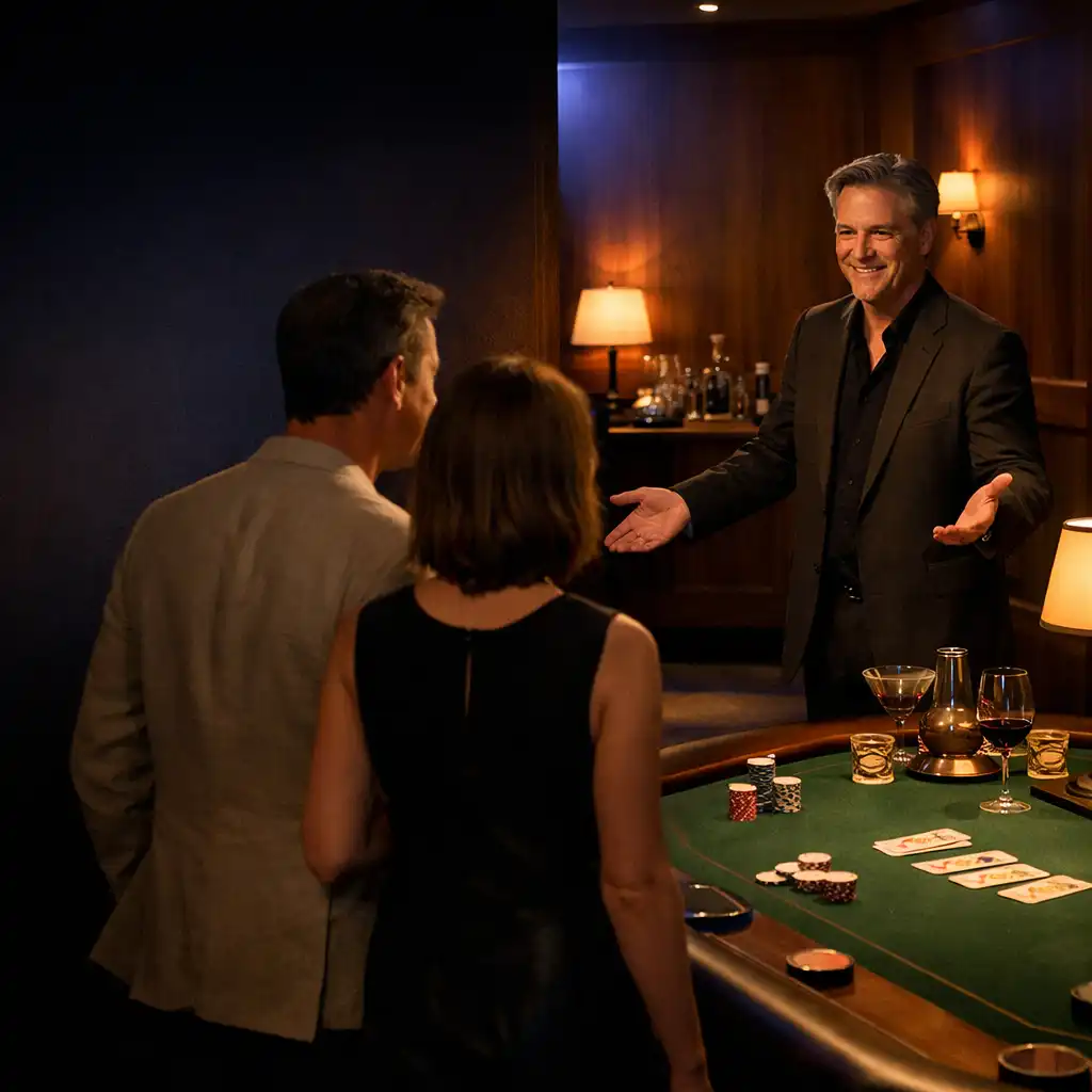 A host welcoming adult guests into a softly lit card lounge with a felt table