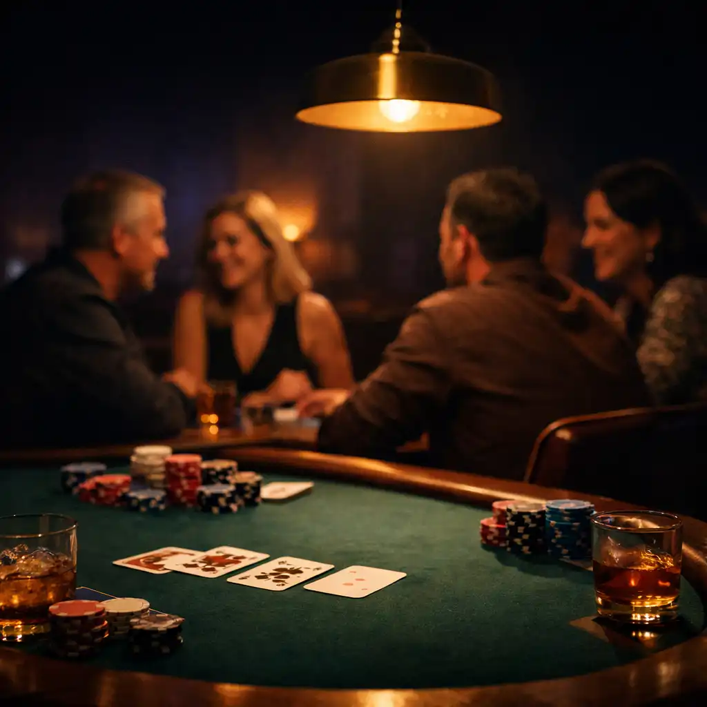 Guests gathered around a felt table in a warmly lit card lounge