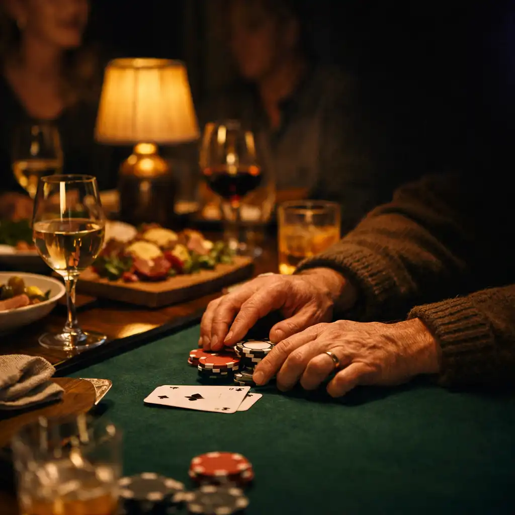 Host's hands beside a felt card table with sharing plates and candlelit glassware