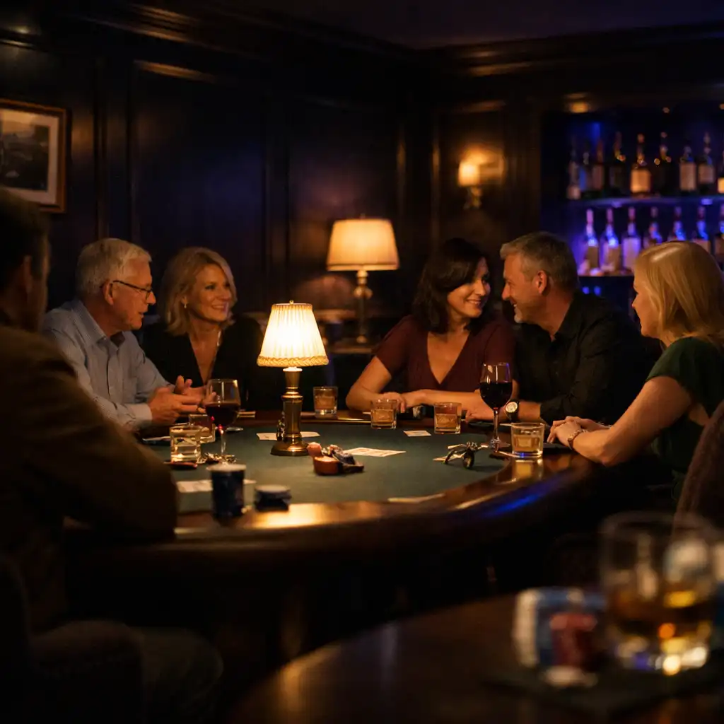 Guests in quiet conversation around a warmly lit card table