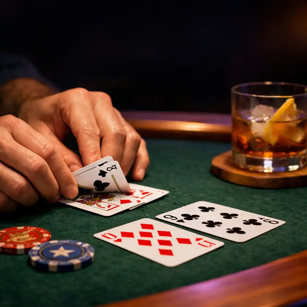 Hands arranging playing cards on textured green felt beside a drink in a private card room.