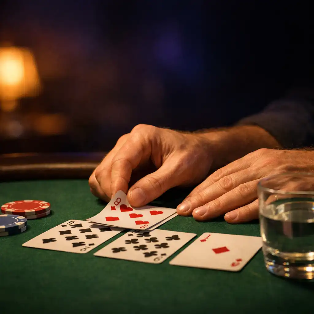 Hands arranging playing cards on a green felt poker table
