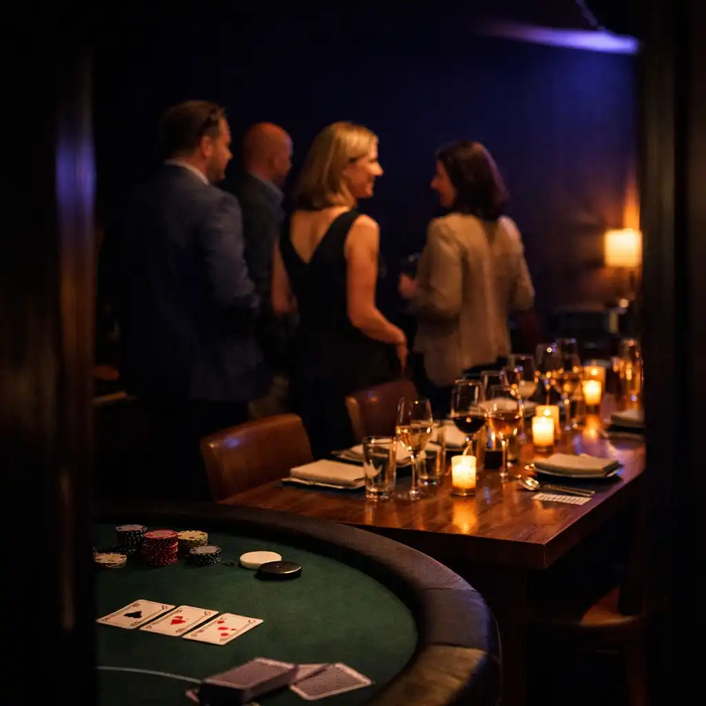Guests arriving for a warmly lit group evening beside a timber dining table and felt card table