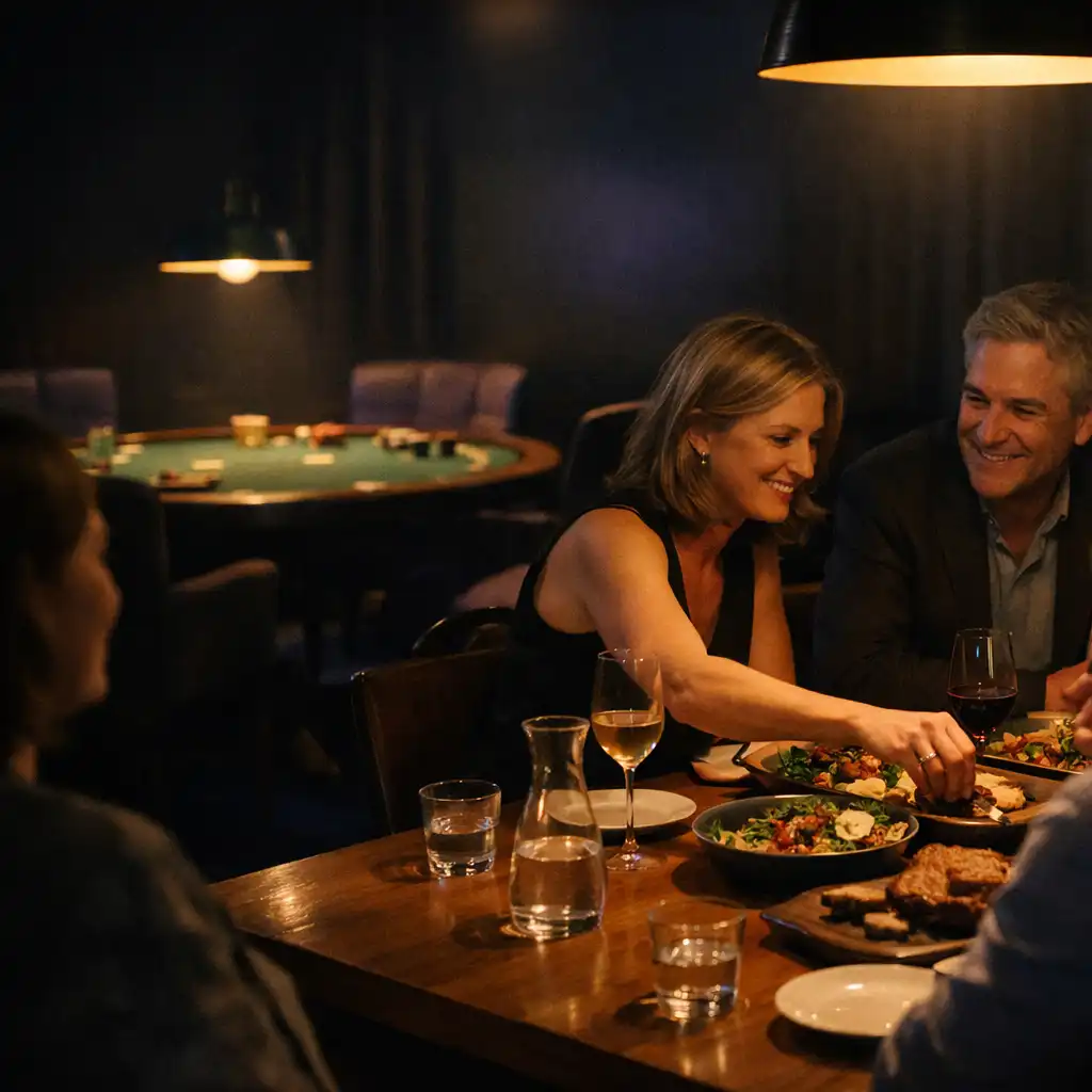 Guests sharing a dining moment in a card lounge with a softly lit felt table nearby