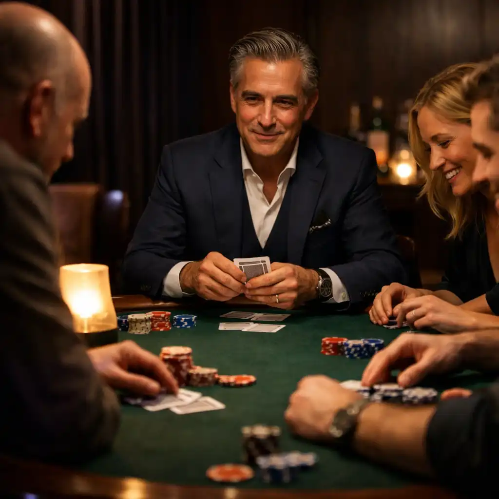 A host guiding guests around a felt poker table during an in-person social session