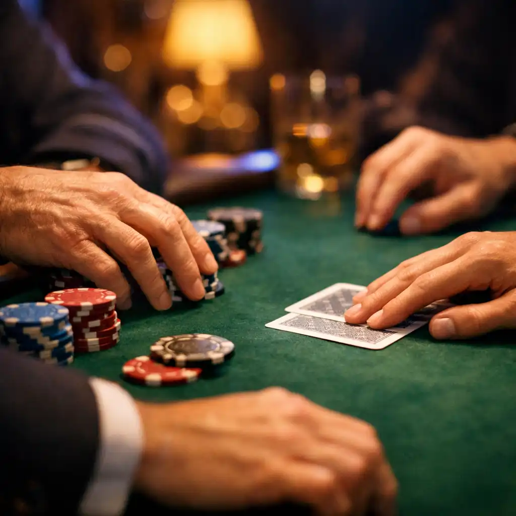 Hands arranging playing cards and decorative table chips on green felt