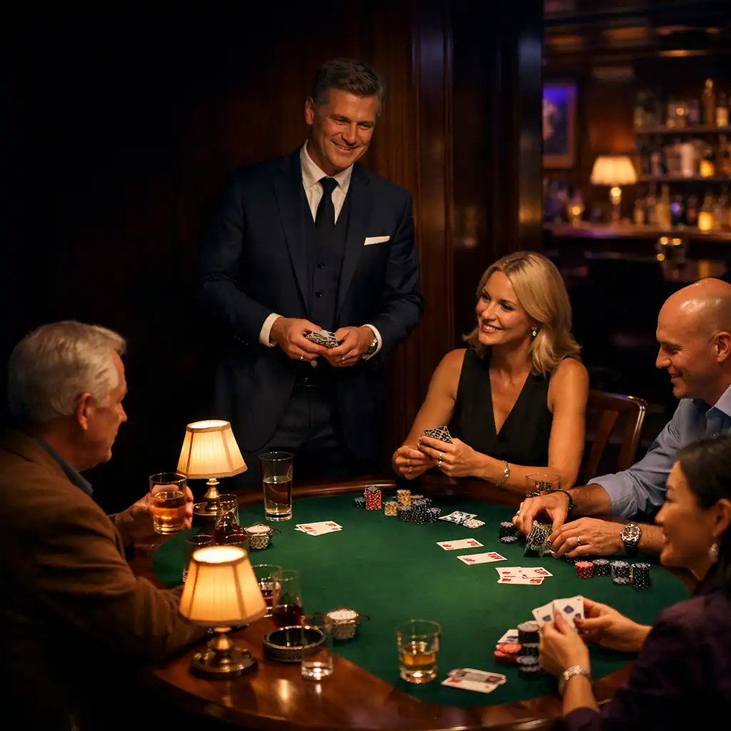 A host beside a warmly lit felt poker table in an intimate card lounge
