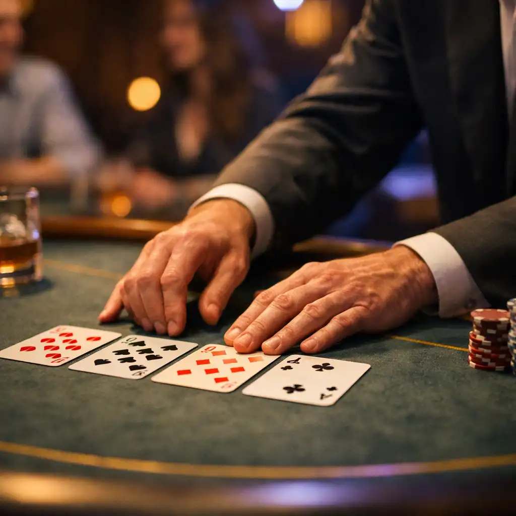 A host arranging cards on felt at an in-person table