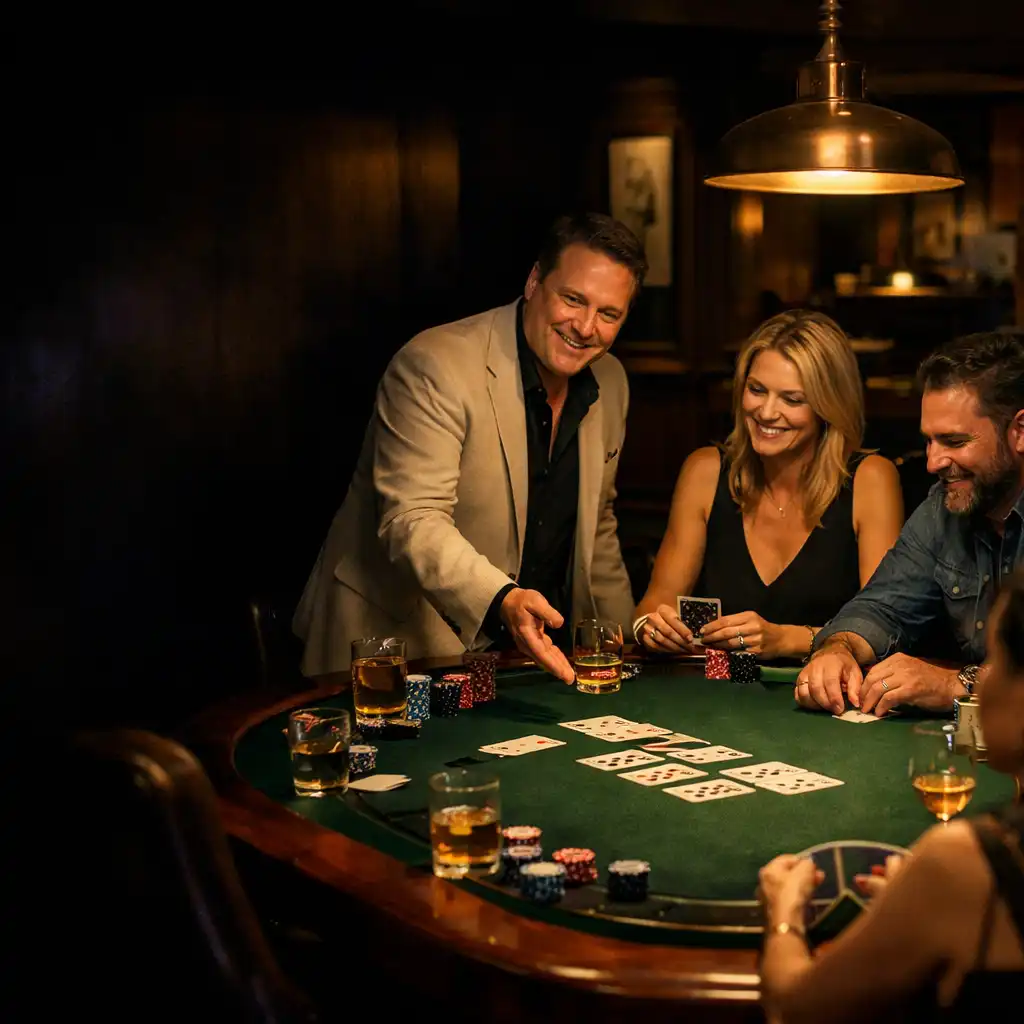 A host guiding adults around a felt poker table in the Odds & Orchard card lounge.