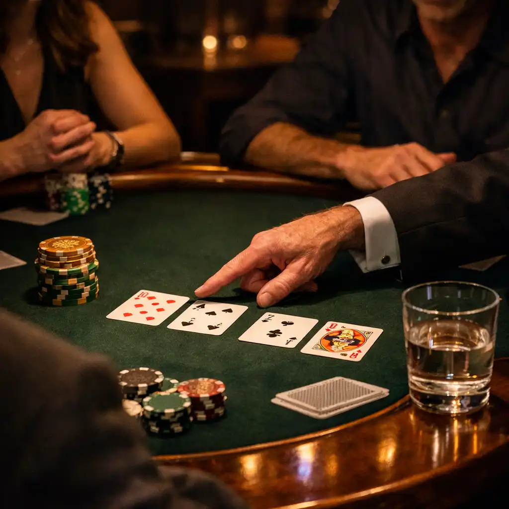 A host indicating cards and table positions on dark green felt beside a water glass