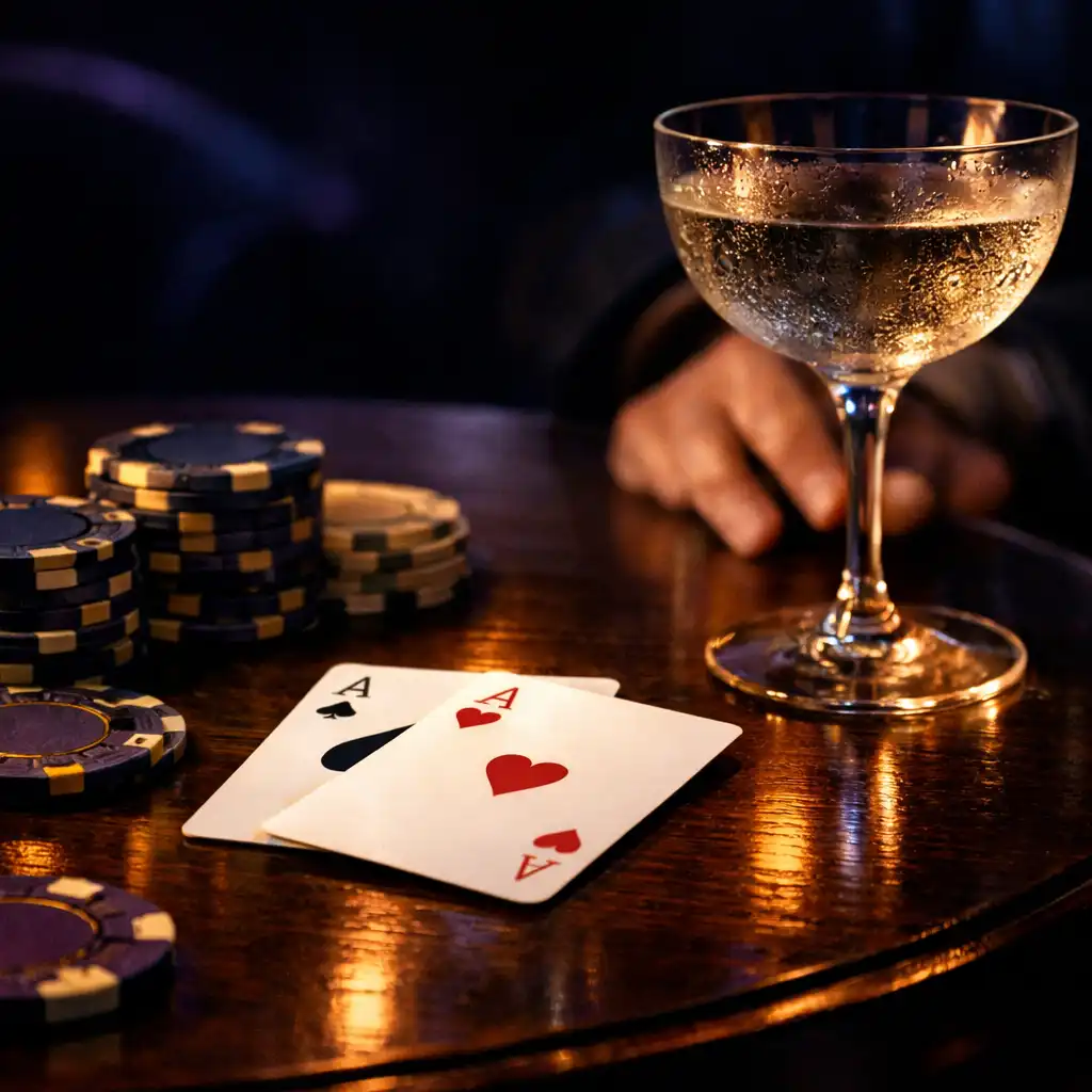 Playing cards and glassware on a dark timber table