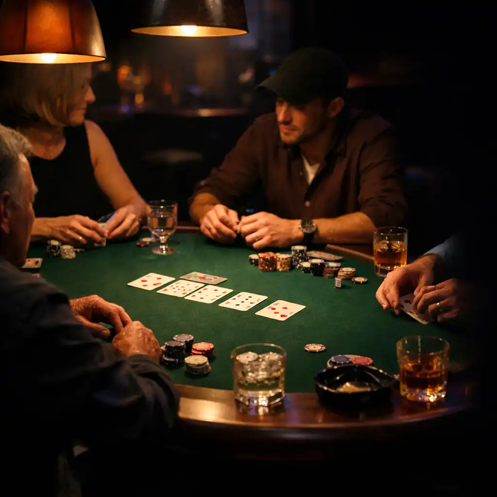 Hands, cards and glassware around a warmly lit felt table in the Odds & Orchard card lounge.