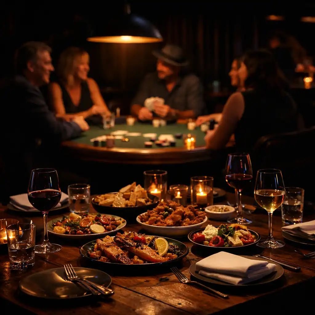 A timber dining table with shared plates and glassware beside a softly lit card lounge.