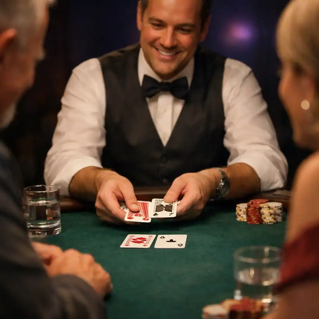 A host dealing cards at a closely framed, warmly lit poker table with guests nearby.