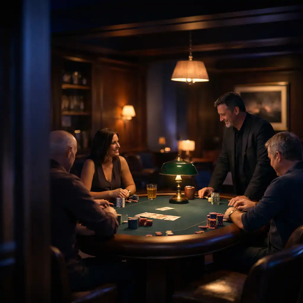 A composed private card room prepared for a small hosted gathering