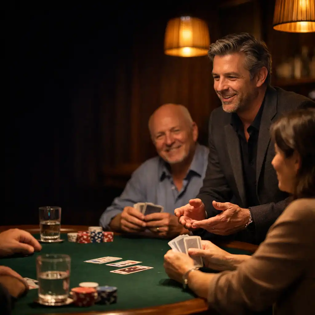 Host guiding a small group around a felt poker table in a warmly lit private card room.