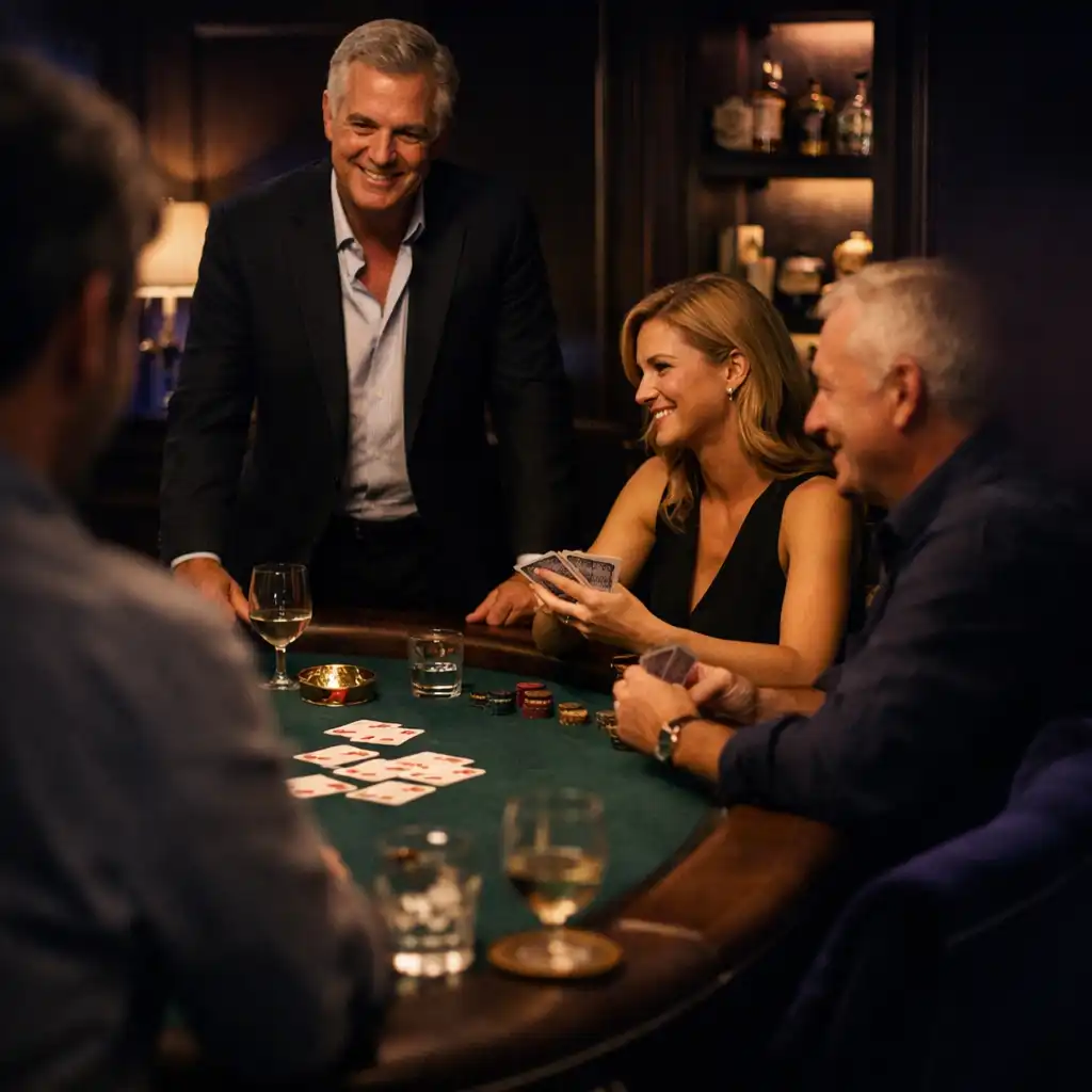 Small adult group enjoying conversation around a hosted card table in an elegant private room.