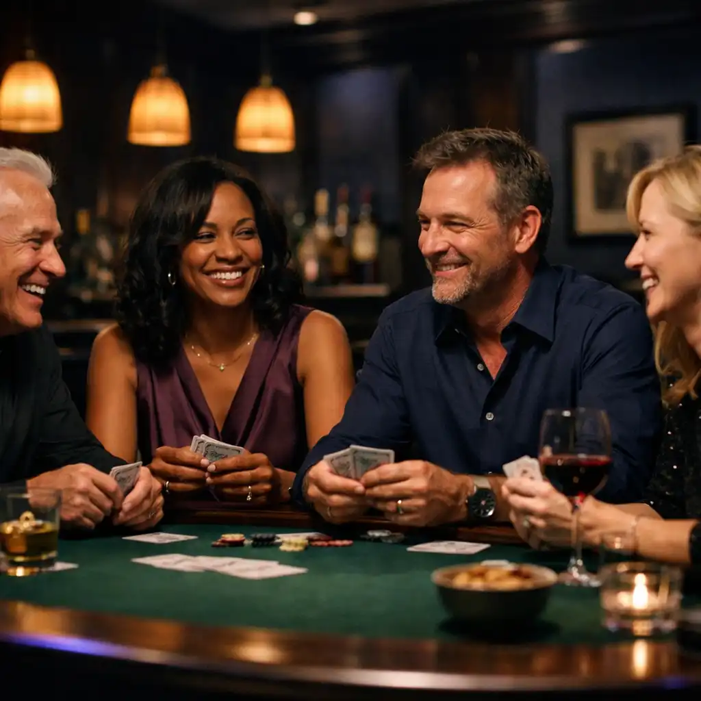 A small adult group talking and smiling around a poker table in an intimate private card room.