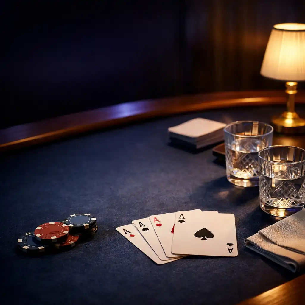 Prepared felt card table with playing cards, water glasses, linen and warm timber detail.