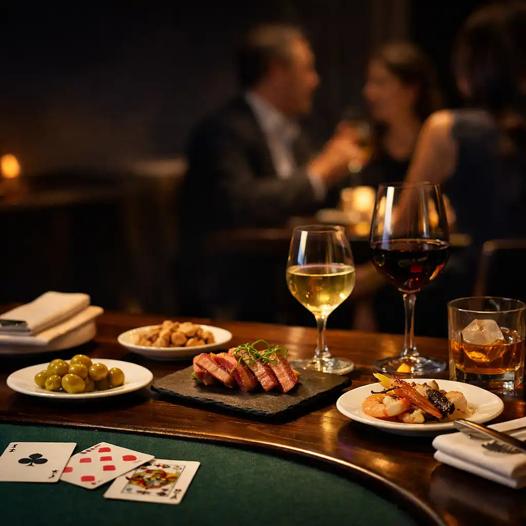 Shared table details with glassware, plates and the edge of a felt card table