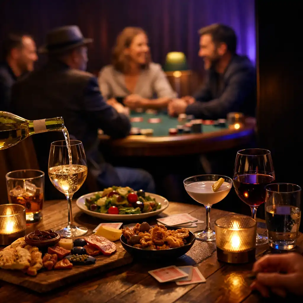 Shared plates and drinks on a timber table with a softly active card lounge beyond