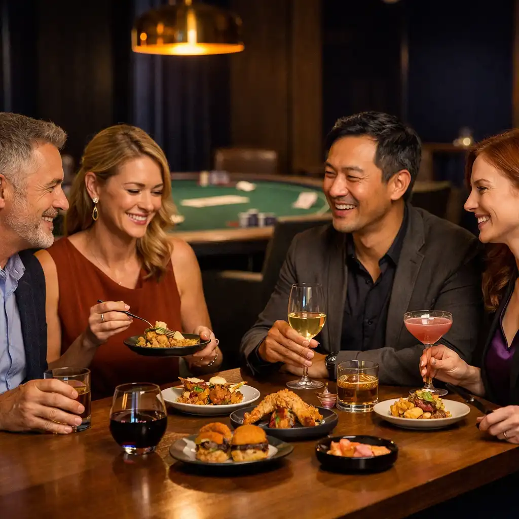 Friends sharing a meal and conversation in a softly lit card lounge