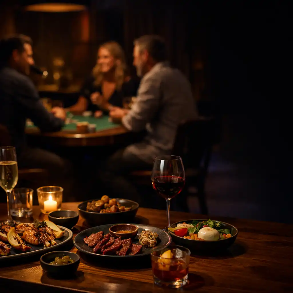 Shared dishes and glassware on a timber table in the card lounge